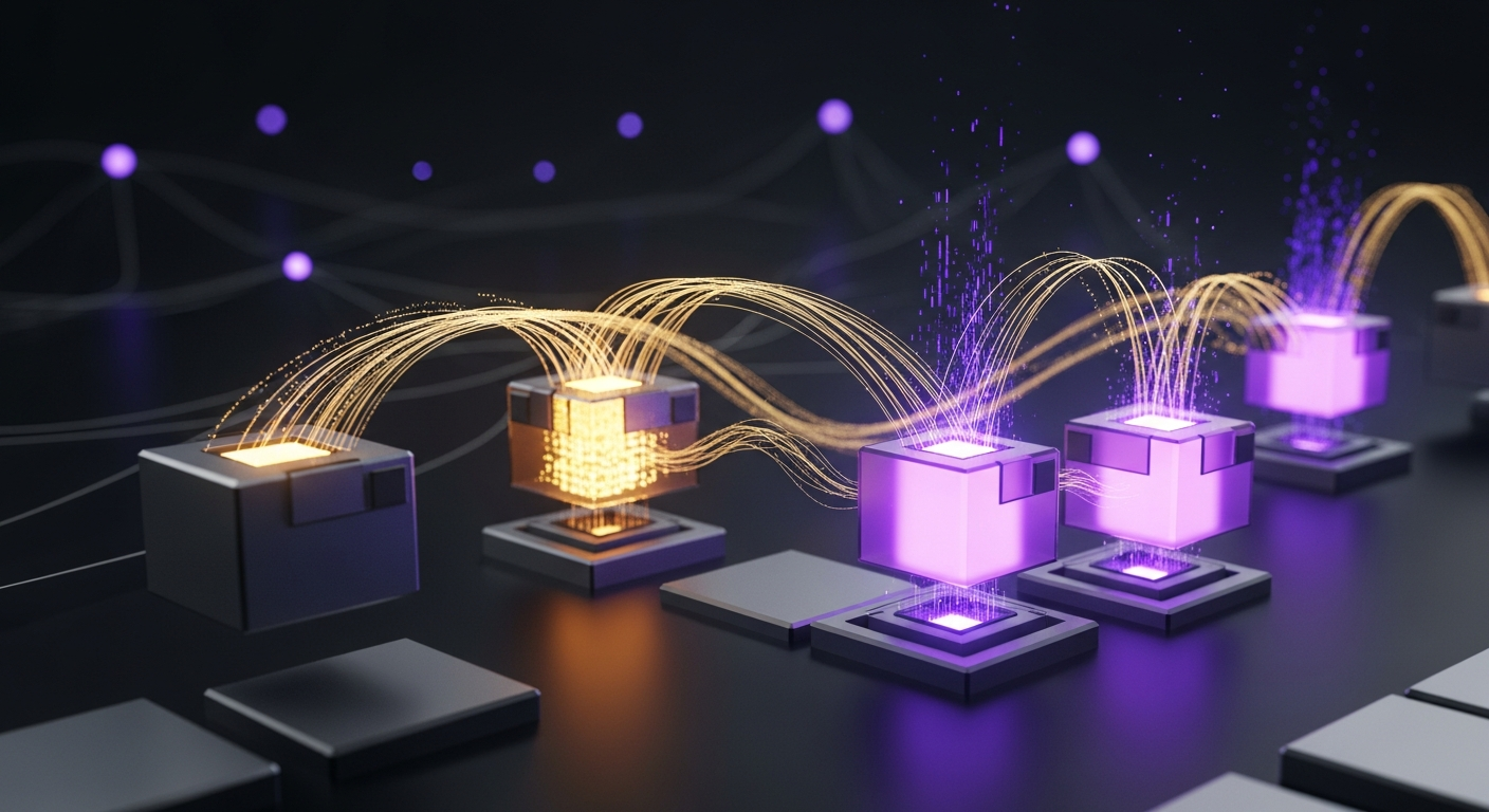 An abstract visualization of AI skills and code execution as modular blocks connecting with glowing amber energy