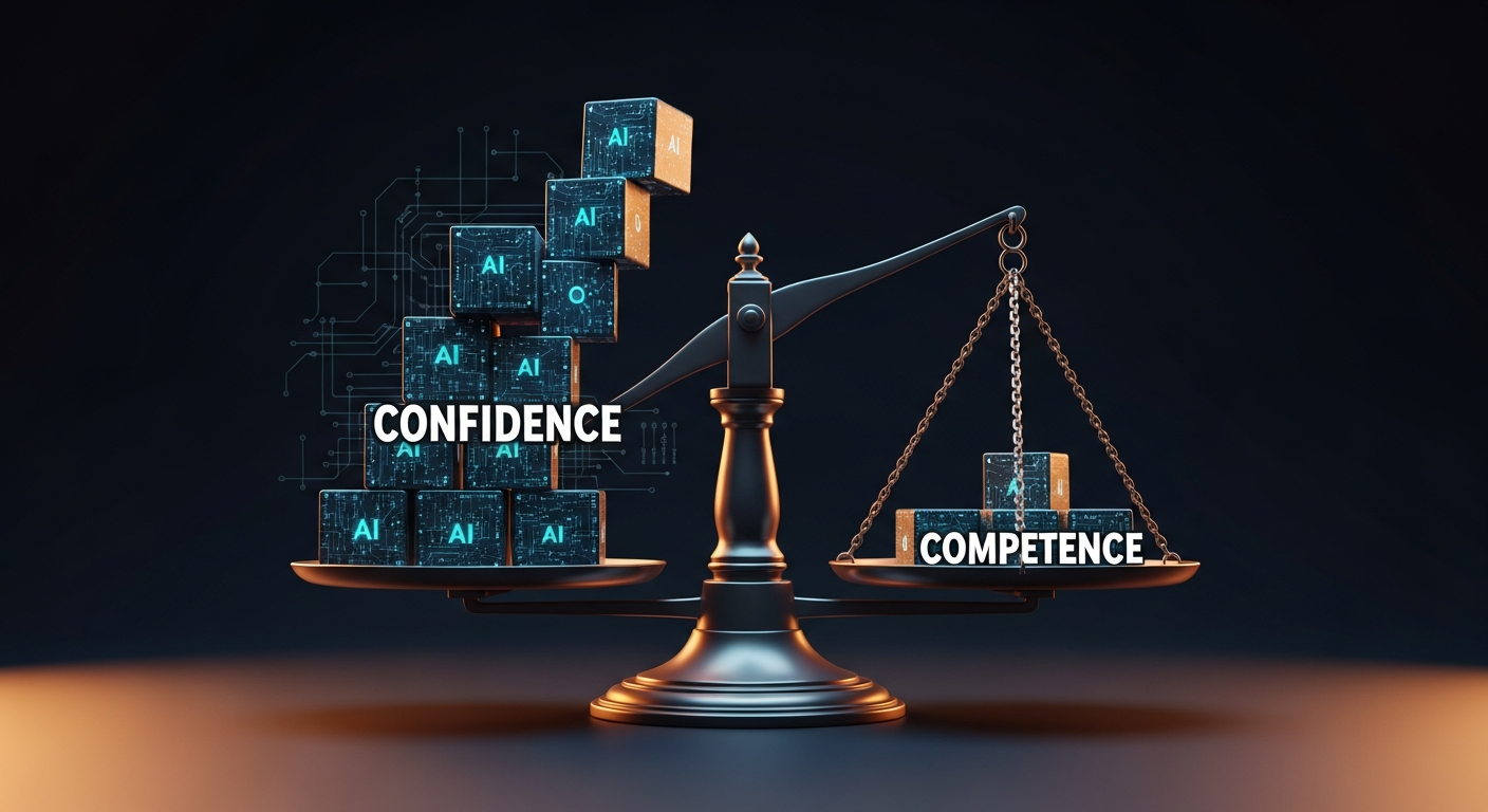 A vintage balance scale tipped heavily to one side — heavy weights labeled CONFIDENCE on one side, light weights labeled COMPETENCE on the other. Dark moody background with amber accents.