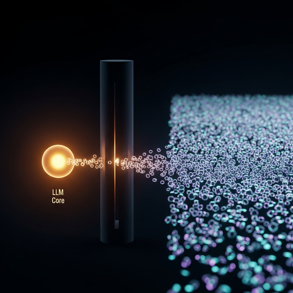 Minimal visualization of an MCP gateway filtering a data pool into a steady stream for an LLM